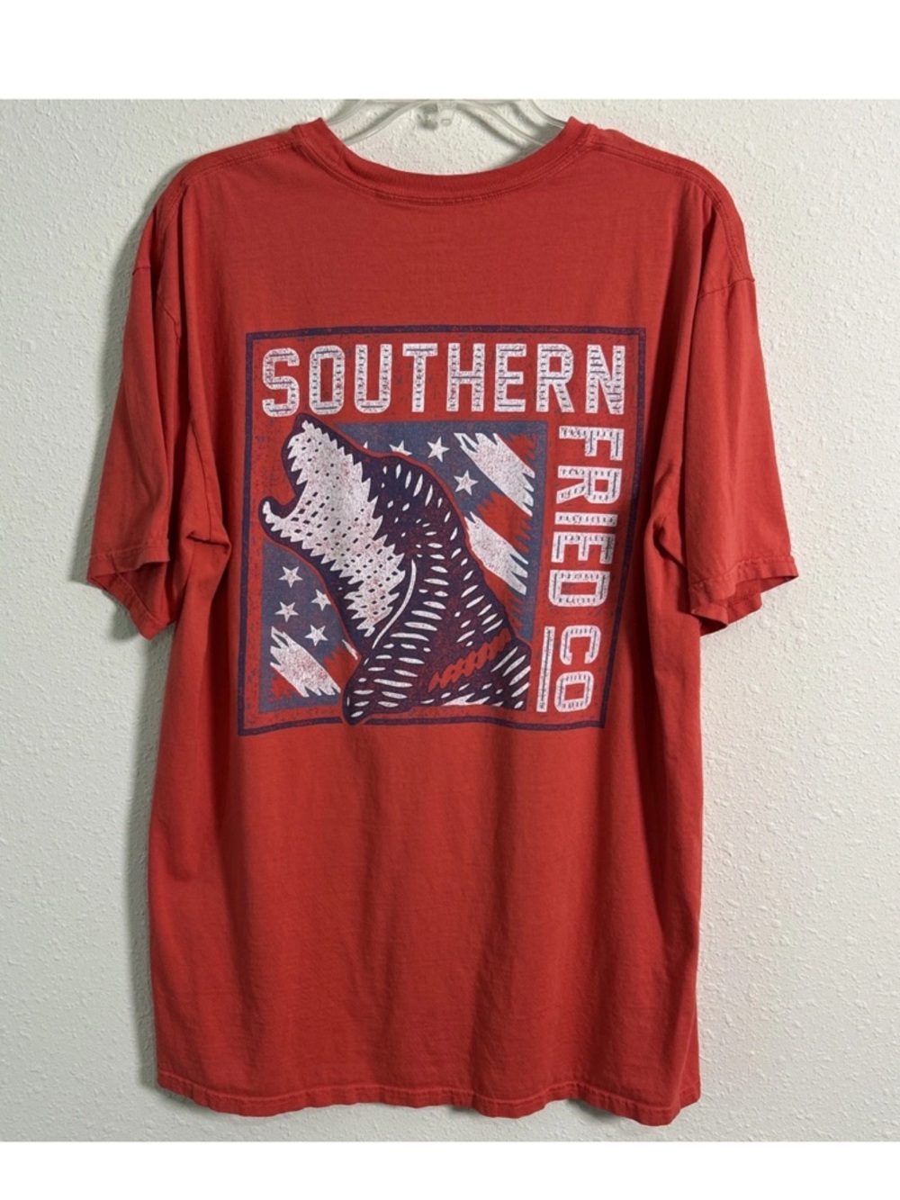 Southern Fried Cotton Pocket T-Shirt Coral Patriotic Dog Theme Double Sided Sz L